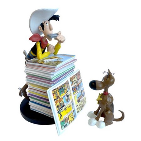 Lucky Luke  beeld Lucky Luke & Rataplan met stapel boeken